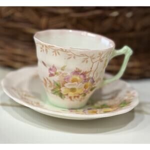 Old Royal Bone China Green Green Pink Floral Tea Cup and Saucer England